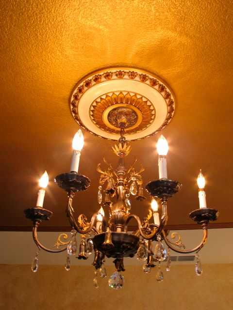 Painted Vintage Chandelier, medallion and ceiling treatment