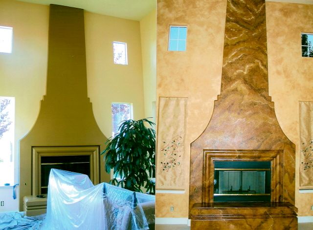 16 foot fireplace-before and after marble + faux